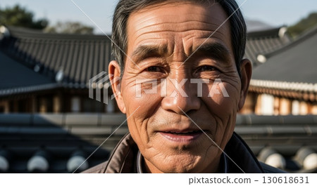 Smiling Senior Asian Man Portrait in Traditional Korean Village 130618631