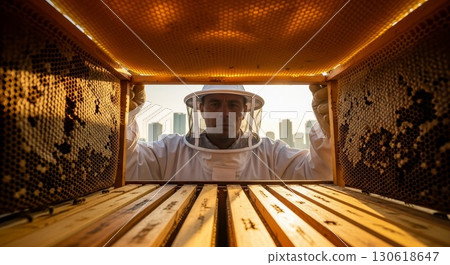 Beekeeper inspecting honeycomb frames from inside beehive perspective 130618647