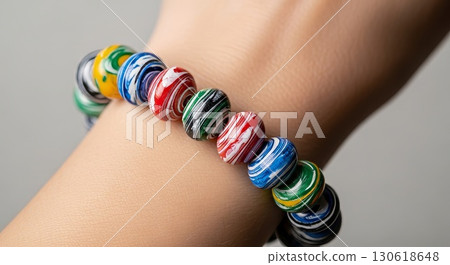 Colorful Glass Bead Bracelet on Woman's Wrist 130618648