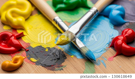 Colorful Paint Tubes and Brushes on Wooden Surface - Art Supplies Colorful Paint Tubes and Brushes on Wooden Surface - Art Supplies 130618649