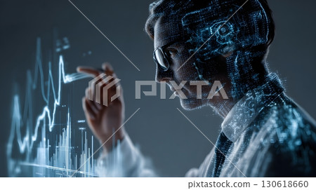 Realistic image of AI engineer analyzing machine learning data 130618660
