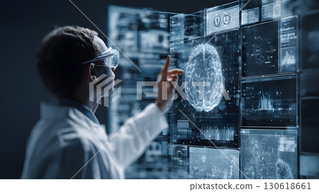 Realistic image of AI engineer analyzing machine learning data 130618661
