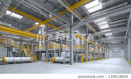 Realistic image of factory hall with steel structures and machines 130618694