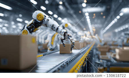 Realistic photo of AI robot performing repetitive tasks in factory 130618722