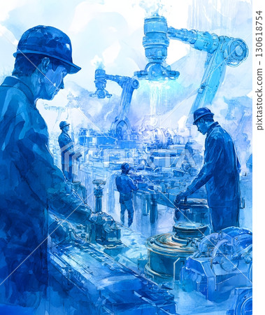Watercolor illustration of futuristic AI manufacturing with engineers Watercolor illustration of futuristic AI manufacturing with engineers 130618754