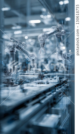 Paper cut layered composition of AI robotics in industrial hall 130618755