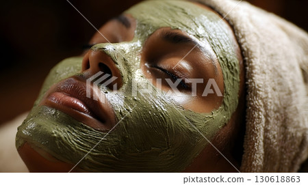 Person enjoying herbal face mask at spa, close-up shot, relaxation theme Person enjoying herbal face mask at spa, close-up shot, relaxation theme 130618863
