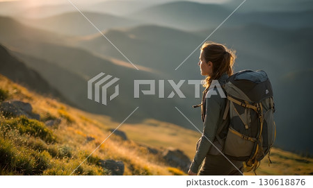 Person hiking in mountains with backpack, fresh air and wellness lifestyle photography Person hiking in mountains with backpack, fresh air and wellness lifestyle photography 130618876