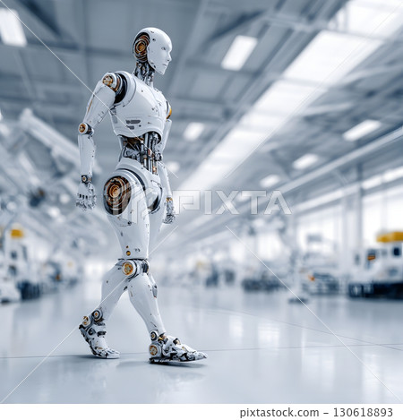 Humanoid robot walking inside a smart factory, futuristic interior, 16:9 Humanoid robot walking inside a smart factory, futuristic interior, 16:9 130618893