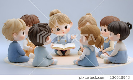 Children sitting in circle around teacher reading storybook, 3D cute style Children sitting in circle around teacher reading storybook, 3D cute style 130618943