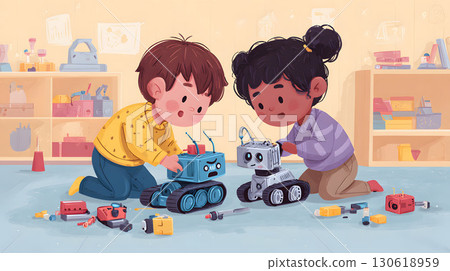 Children in STEM workshop building small robots, colorful illustration 130618959