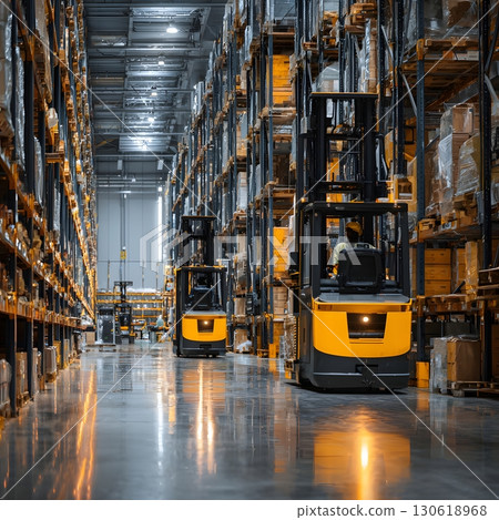 AI managed logistics hub inside industrial warehouse, autonomous forklifts moving cargo, 16:9 AI managed logistics hub inside industrial warehouse, autonomous forklifts moving cargo, 16:9 130618968