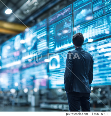 Businessman analyzing AI production reports projected on glass wall, factory background, 16:9 130618992