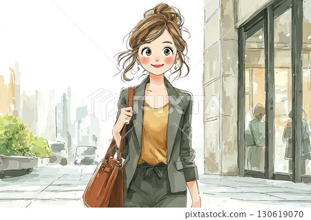 Beautiful series: Businesswoman walking on the city sidewalk, carrying a bag on her shoulder 130619070