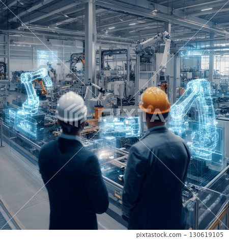 Supervisors observing AI holographic digital twins of factory processes, 16:9 130619105