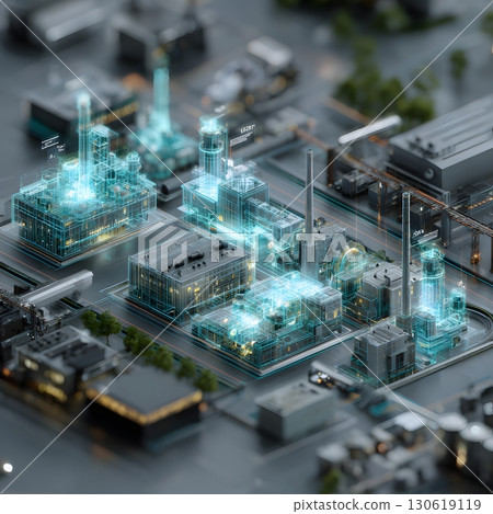 AI projecting sustainability metrics across factory hologram, 16:9 130619119