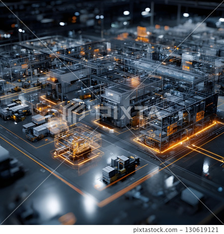 AI driven futuristic assembly plant glowing with digital overlays, 16:9 130619121