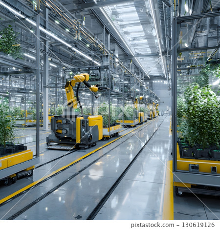 Clean futuristic plant interior with AI robotics assembling vehicles, 16:9 130619126