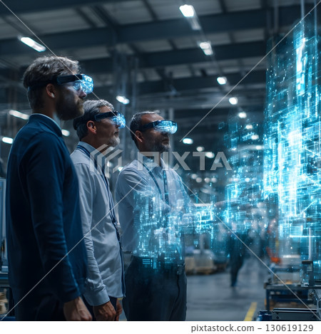 Business leaders exploring AI holographic simulation of production, 16:9 130619129