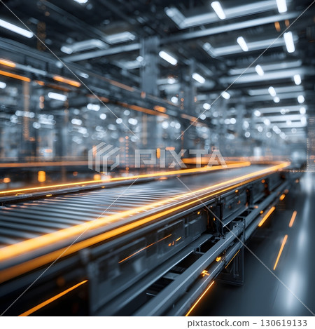 Smart conveyor systems glowing with AI data, futuristic factory, 16:9 130619133