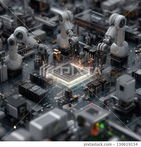 Robotic assembly of AI hardware under neural network visualization, 16:9 Robotic assembly of AI hardware under neural network visualization, 16:9 130619134