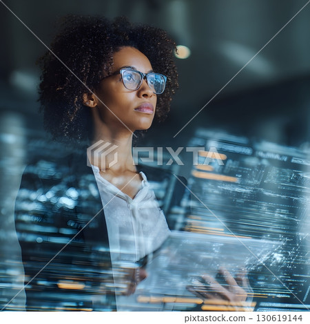 Businesswoman reviewing AI holographic inventory reports, 16:9 130619144
