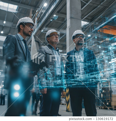 Supervisors guided by AI holographic blueprints in hall, 16:9 130619172