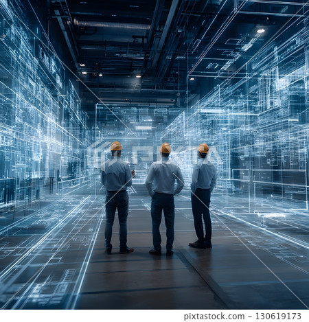 Supervisors guided by AI holographic blueprints in hall, 16:9 Supervisors guided by AI holographic blueprints in hall, 16:9 130619173