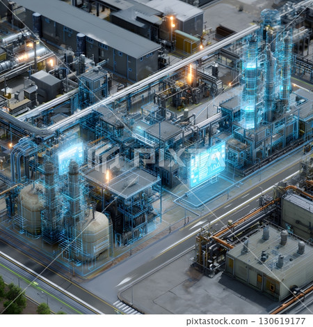 AI holographic economic simulation across industrial plant, 16:9 AI holographic economic simulation across industrial plant, 16:9 130619177
