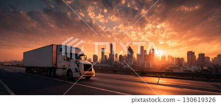 Truck driving on highway with sunset background and city skyline 130619326