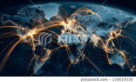 Global map with illuminated trade routes connecting cities 130619330