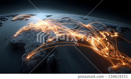 Global map with illuminated trade routes connecting cities Global map with illuminated trade routes connecting cities 130619331