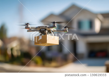 Drone delivering small package to suburban house 130619333