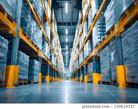 Modern cold storage facility with stacked goods neatly arranged 130619337