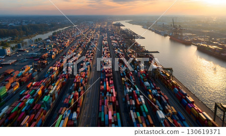 Cargo terminal with long rows of shipping containers aerial view 130619371