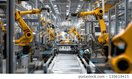 AI powered factory with robotic arms assembling products 130619415