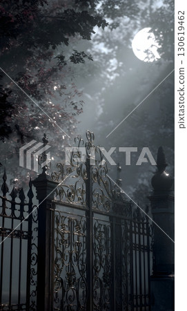 3D graveyard gate iron scrollwork moon rays volumetric dust 130619462