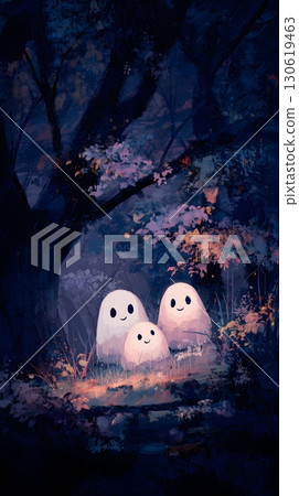 3D ghost family peeking behind trees cute smile pastel night 130619463