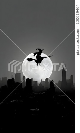 3D witch flying over city skyline moon huge behind depth 130619464
