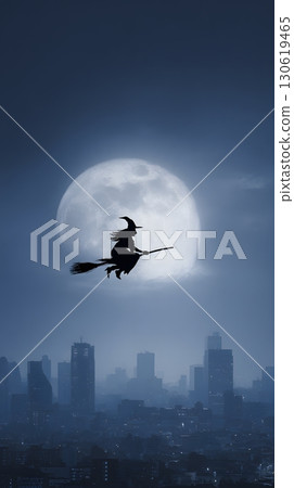 3D witch flying over city skyline moon huge behind depth 130619465