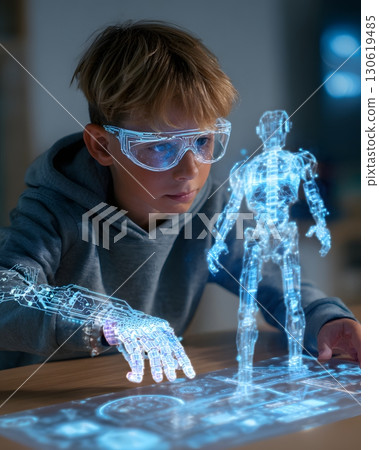 Young student learning from AI powered interactive hologram 130619485