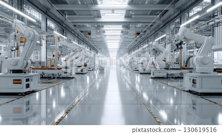 Massive clean manufacturing plant interior, empty robotic stations, cinematic high detail rendering Massive clean manufacturing plant interior, empty robotic stations, cinematic high detail rendering 130619516