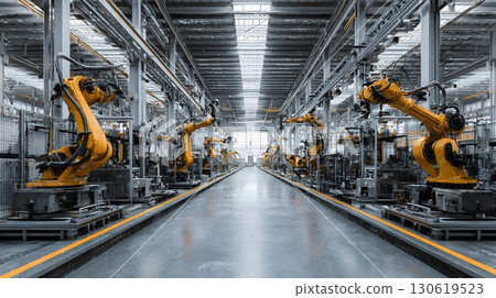 Modern industrial plant with robotic arms idle, symmetrical clean design, cinematic tone 130619523