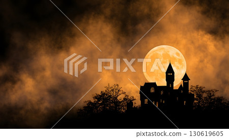 Watercolor creepy castle silhouettes Halloween glowing full moon 130619605