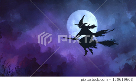 Witch silhouette flying Halloween watercolor with glowing moon 130619608