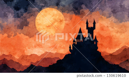 Haunted castle silhouette watercolor scene with bats and moon 130619610