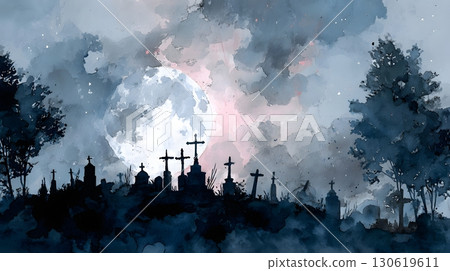 Watercolor dark graveyard silhouettes with crosses under moon 130619611