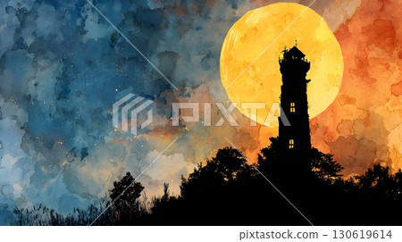Haunted tower watercolor silhouette artwork with giant moon 130619614