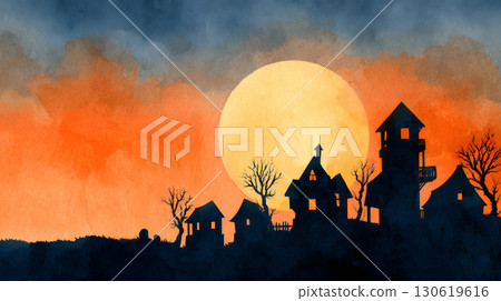 Haunted village silhouette watercolor style glowing moon sky 130619616