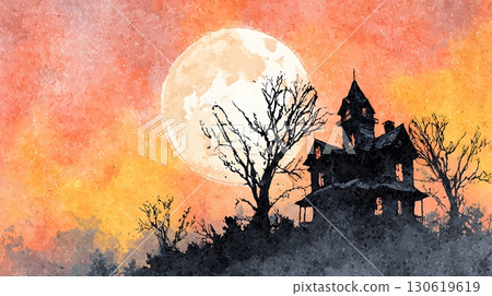 Haunted house watercolor silhouette eerie glowing Halloween moon 130619619